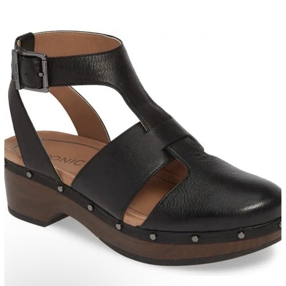 Vionic Shoes - Vionic Faye Clog Sandals 7 Black Leather Buckle Strap Adjustable Platform EU 38
